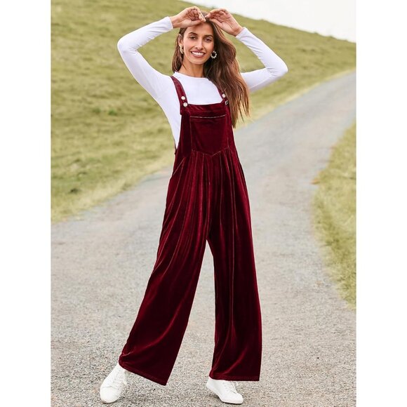 Women Red Casual Velvet Sleeveless Loose Jumpsuits Dressy One Piece Pant Rompers - Picture 4 of 5